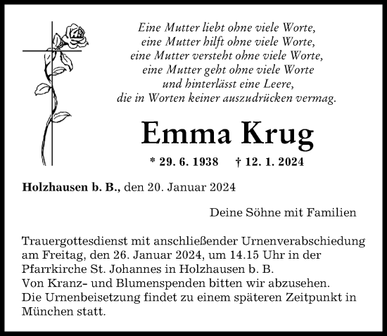 Traueranzeige von Emma Krug von Augsburger Allgemeine, Landsberger Tagblatt