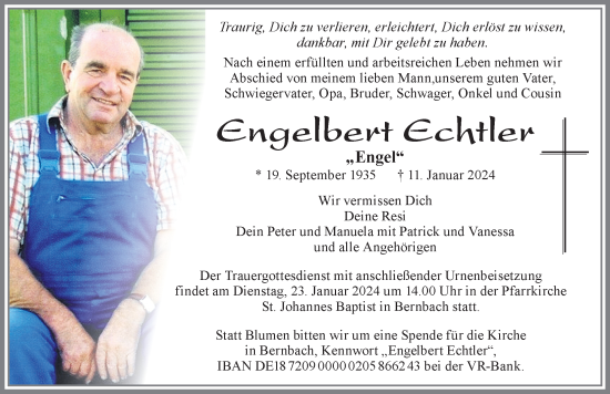 Traueranzeige von Engelbert Echtler von Allgäuer Zeitung, Marktoberdorf