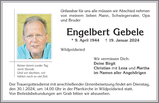 Traueranzeige von Engelbert Gebele von Allgäuer Zeitung,Kempten