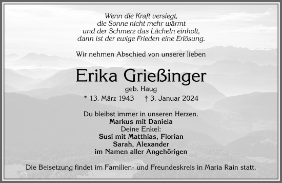 Traueranzeige von Erika Grießinger von Allgäuer Zeitung,Kempten