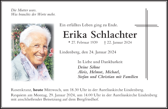 Traueranzeige von Erika Schlachter von Der Westallgäuer