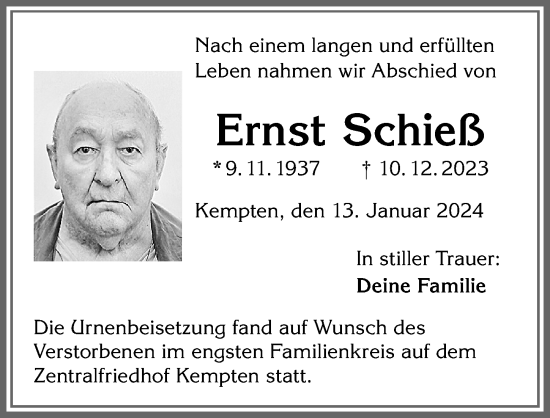 Traueranzeige von Ernst Schieß von Allgäuer Zeitung,Kempten