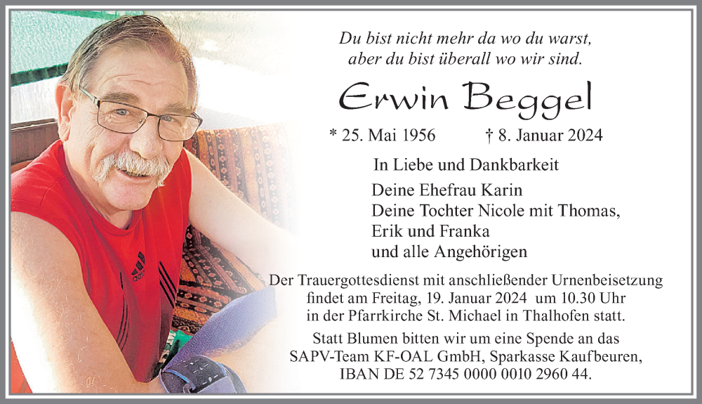  Traueranzeige für Erwin Beggel vom 17.01.2024 aus Allgäuer Zeitung, Marktoberdorf