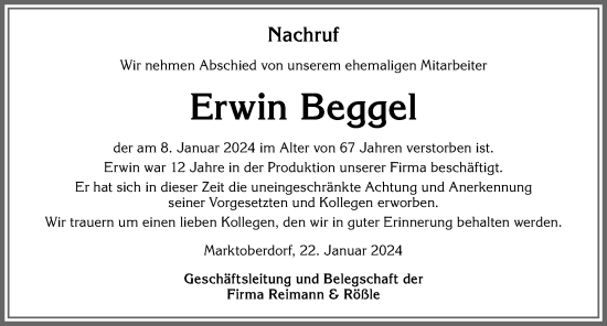 Traueranzeige von Erwin Beggel von Allgäuer Zeitung, Marktoberdorf