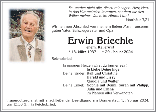 Traueranzeige von Erwin Briechle von Allgäuer Zeitung,Kempten
