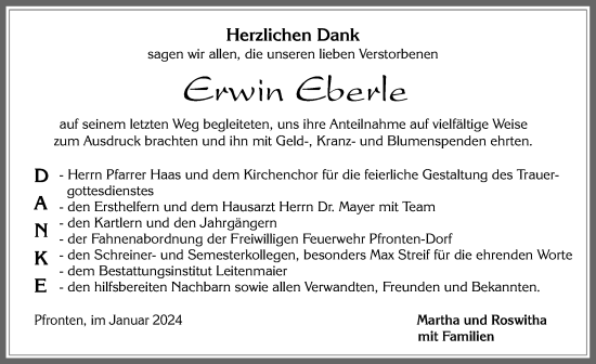 Traueranzeige von Erwin Eberle von Allgäuer Zeitung, Füssen