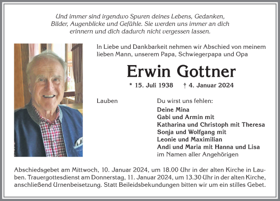 Traueranzeige von Erwin Gottner von Allgäuer Zeitung,Kempten