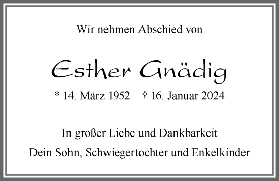 Traueranzeige von Esther Gnädig von Allgäuer Zeitung, Füssen