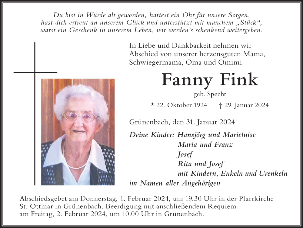  Traueranzeige für Fanny Fink vom 31.01.2024 aus Der Westallgäuer