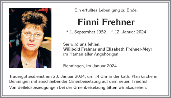 Traueranzeige von Finni Frehner von Memminger Zeitung