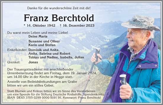 Traueranzeige von Franz Berchtold von Allgäuer Zeitung,Kempten