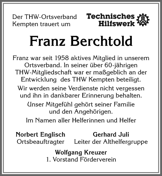 Traueranzeige von Franz Berchtold von Allgäuer Zeitung,Kempten