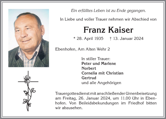 Traueranzeige von Franz Kaiser von Allgäuer Zeitung, Marktoberdorf