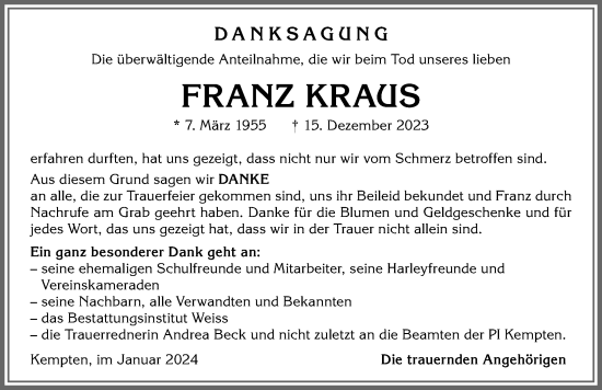 Traueranzeige von Franz Kraus von Der Westallgäuer