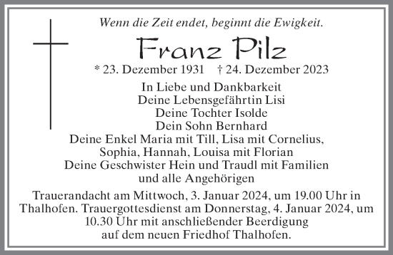 Traueranzeige von Franz Pilz von Allgäuer Zeitung, Füssen