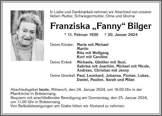 Traueranzeige von Franziska Bilger von Allgäuer Zeitung,Kempten