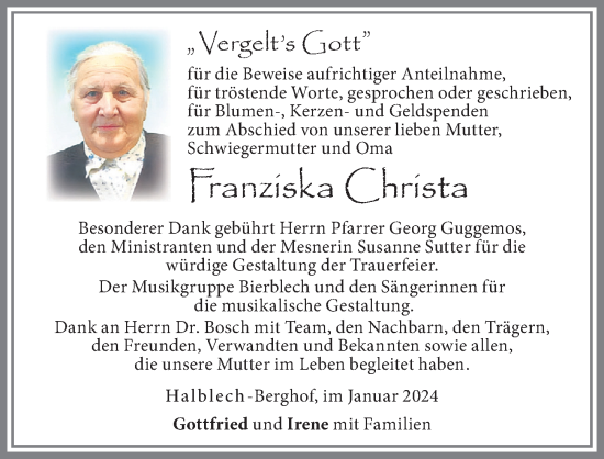 Traueranzeige von Franziska Christa von Allgäuer Zeitung, Füssen