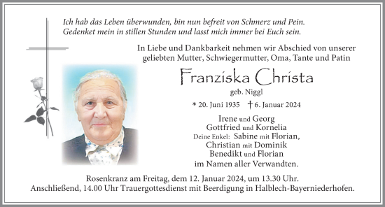 Traueranzeige von Franziska Christa von Allgäuer Zeitung, Füssen