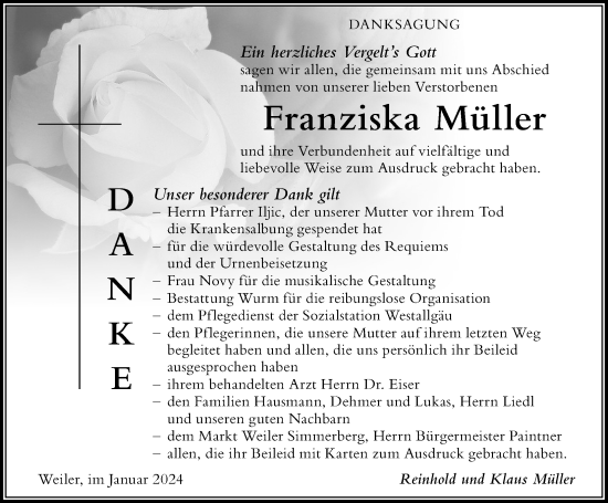 Traueranzeige von Franziska Müller von Der Westallgäuer
