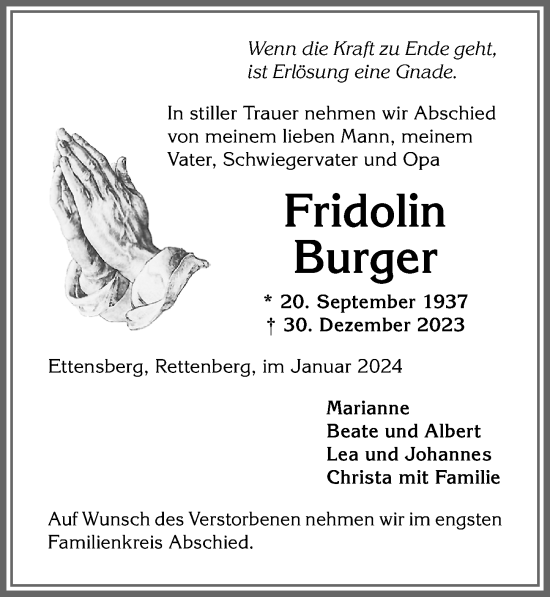Traueranzeige von Fridolin Burger von Allgäuer Anzeigeblatt