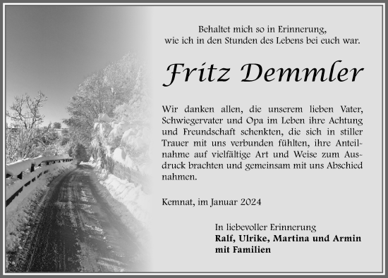 Traueranzeige von Fritz Demmler von Allgäuer Zeitung, Kaufbeuren/Buchloe
