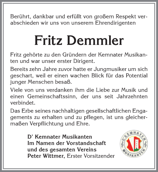 Traueranzeige von Fritz Demmler von Allgäuer Zeitung, Kaufbeuren/Buchloe
