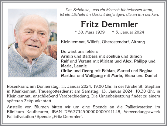 Traueranzeige von Fritz Demmler von Allgäuer Zeitung, Kaufbeuren/Buchloe