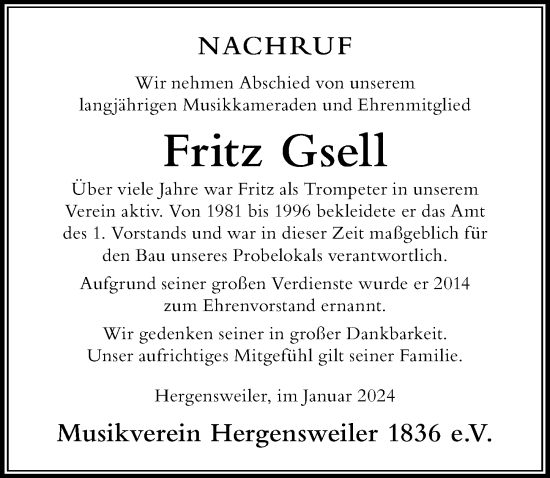 Traueranzeige von Fritz Gsell von Der Westallgäuer