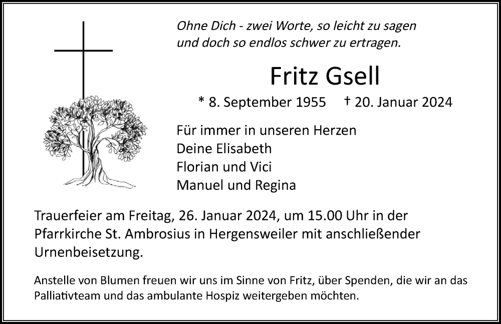  Traueranzeige für Fritz Gsell vom 23.01.2024 aus Der Westallgäuer