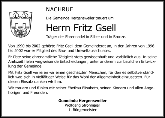 Traueranzeige von Fritz Gsell von Der Westallgäuer