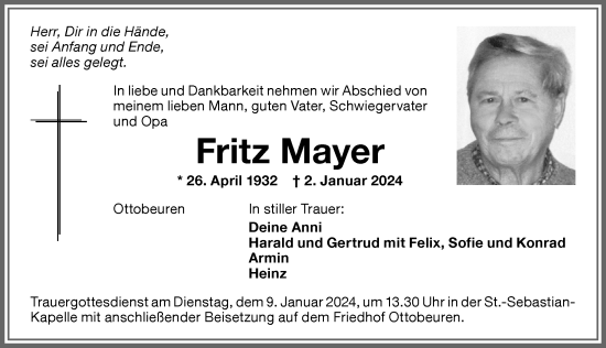Traueranzeige von Fritz Mayer von Memminger Zeitung