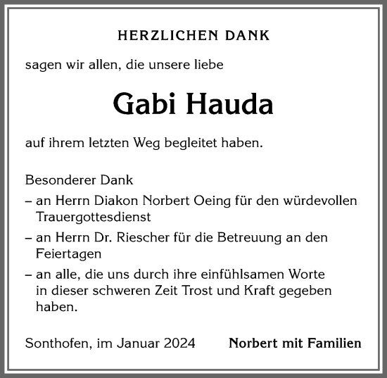 Traueranzeige von Gabi Hauda von Allgäuer Anzeigeblatt