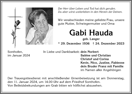 Traueranzeige von Gabi Hauda von Allgäuer Anzeigeblatt