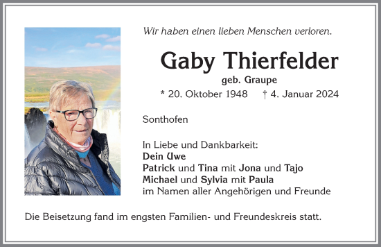 Traueranzeige von Gaby Thierfelder von Allgäuer Anzeigeblatt
