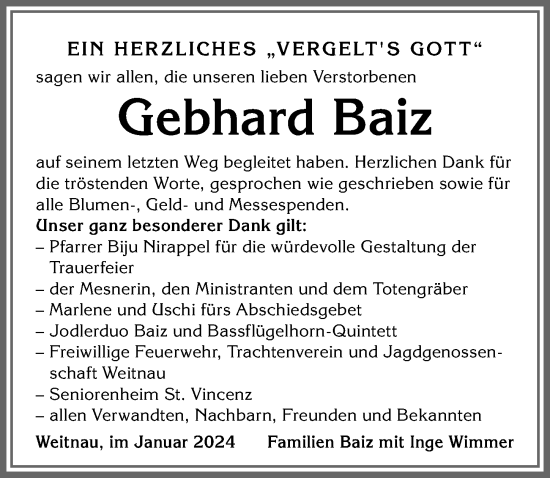 Traueranzeige von Gebhard Baiz von Allgäuer Zeitung,Kempten