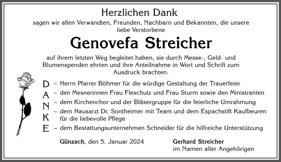 Traueranzeige von Genovefa Streicher von Allgäuer Zeitung, Marktoberdorf