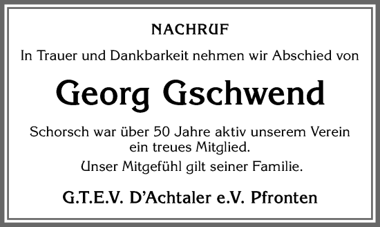 Traueranzeige von Georg Gschwend von Allgäuer Zeitung, Füssen