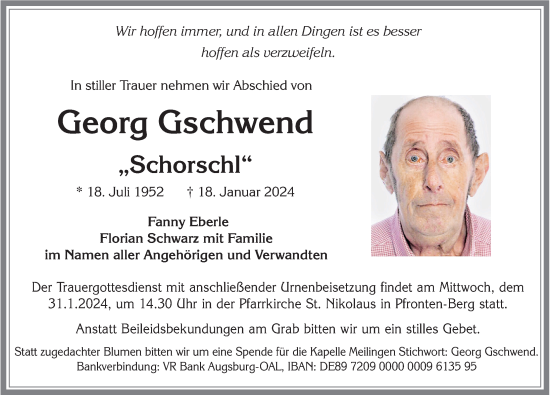 Traueranzeige von Georg Gschwend von Allgäuer Zeitung, Füssen