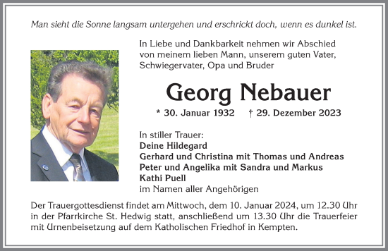 Traueranzeige von Georg Nebauer von Allgäuer Zeitung,Kempten