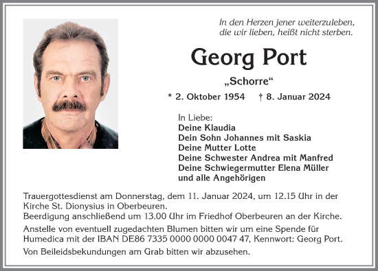 Traueranzeige von Georg Port von Allgäuer Zeitung, Kaufbeuren/Buchloe