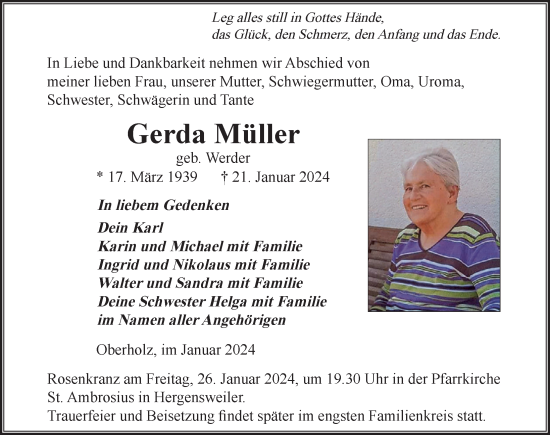 Traueranzeige von Gerda Müller von Der Westallgäuer