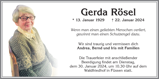 Traueranzeige von Gerda Rösel von Allgäuer Zeitung, Füssen