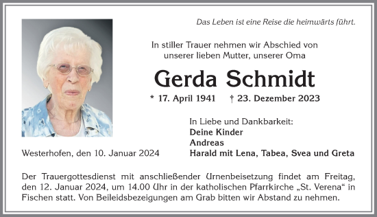Traueranzeige von Gerda Schmidt von Allgäuer Anzeigeblatt