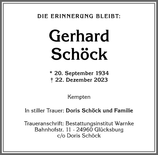 Traueranzeige von Gerhard Schöck von Allgäuer Zeitung,Kempten