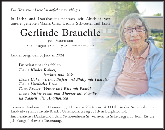 Traueranzeige von Gerlinde Brauchle von Der Westallgäuer