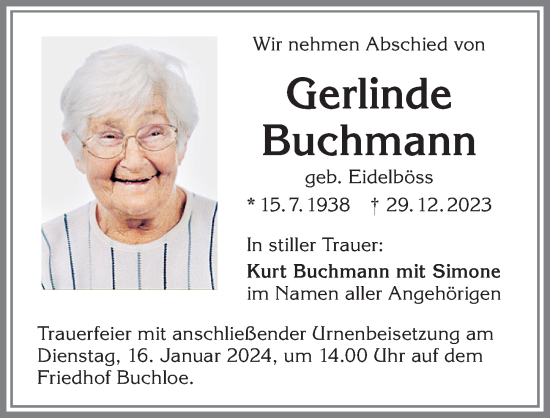 Traueranzeige von Gerlinde Buchmann von Allgäuer Zeitung, Kaufbeuren/Buchloe