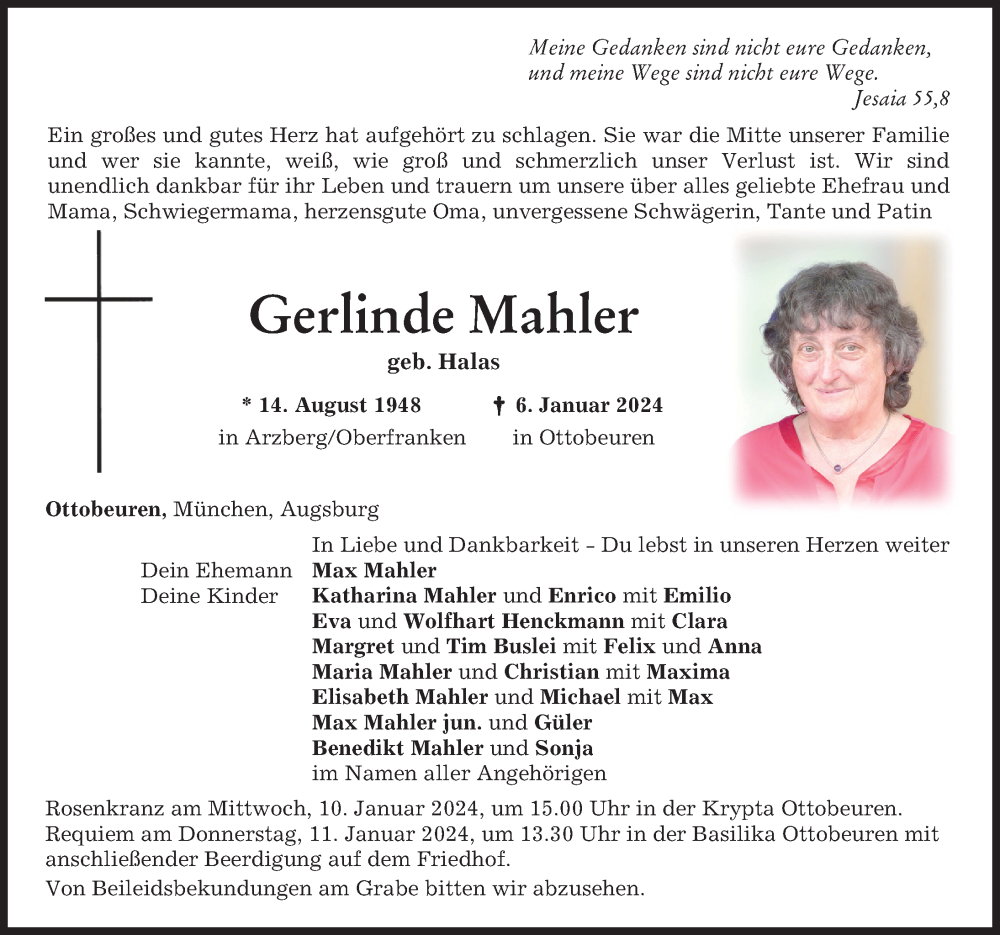  Traueranzeige für Gerlinde Mahler vom 09.01.2024 aus Memminger Zeitung