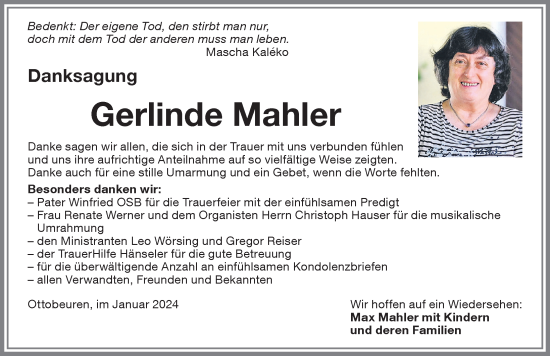 Traueranzeige von Gerlinde Mahler von Memminger Zeitung