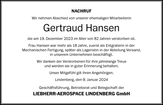 Traueranzeige von Gertraud Hansen von Der Westallgäuer