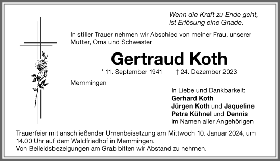 Traueranzeige von Gertraud Koth von Memminger Zeitung